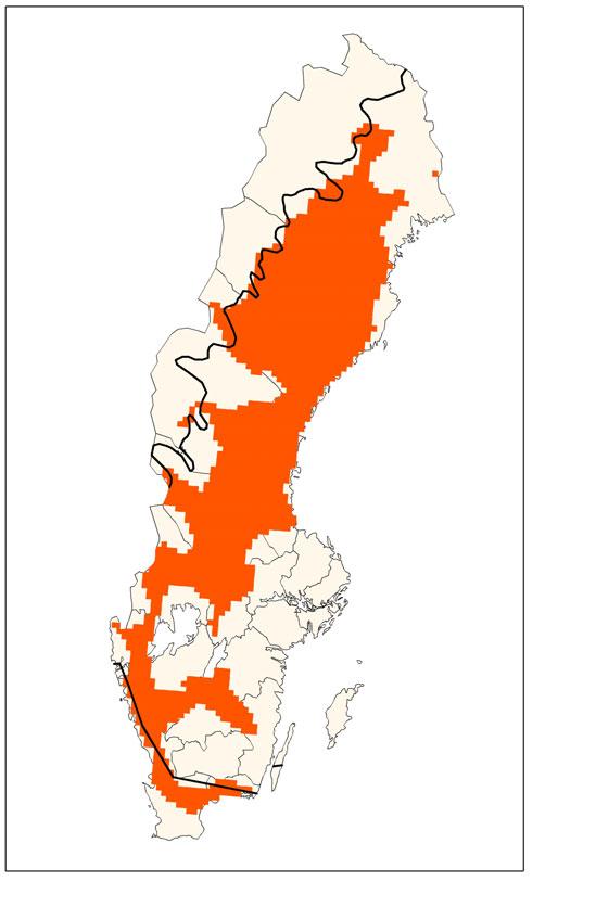 Figur 1. Svenskt utbredningsområde (till vänster) och förekomster (till höger). Förutsättningar för bevarande Länk: Gemensam text (förutsättningar för bevarande) http://www.naturvardsverket.