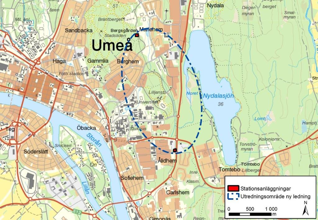 Figur 1. Utredningsområde för planerad ledning i markkabelutförande mellan station Ålidhem och station Mariehem.