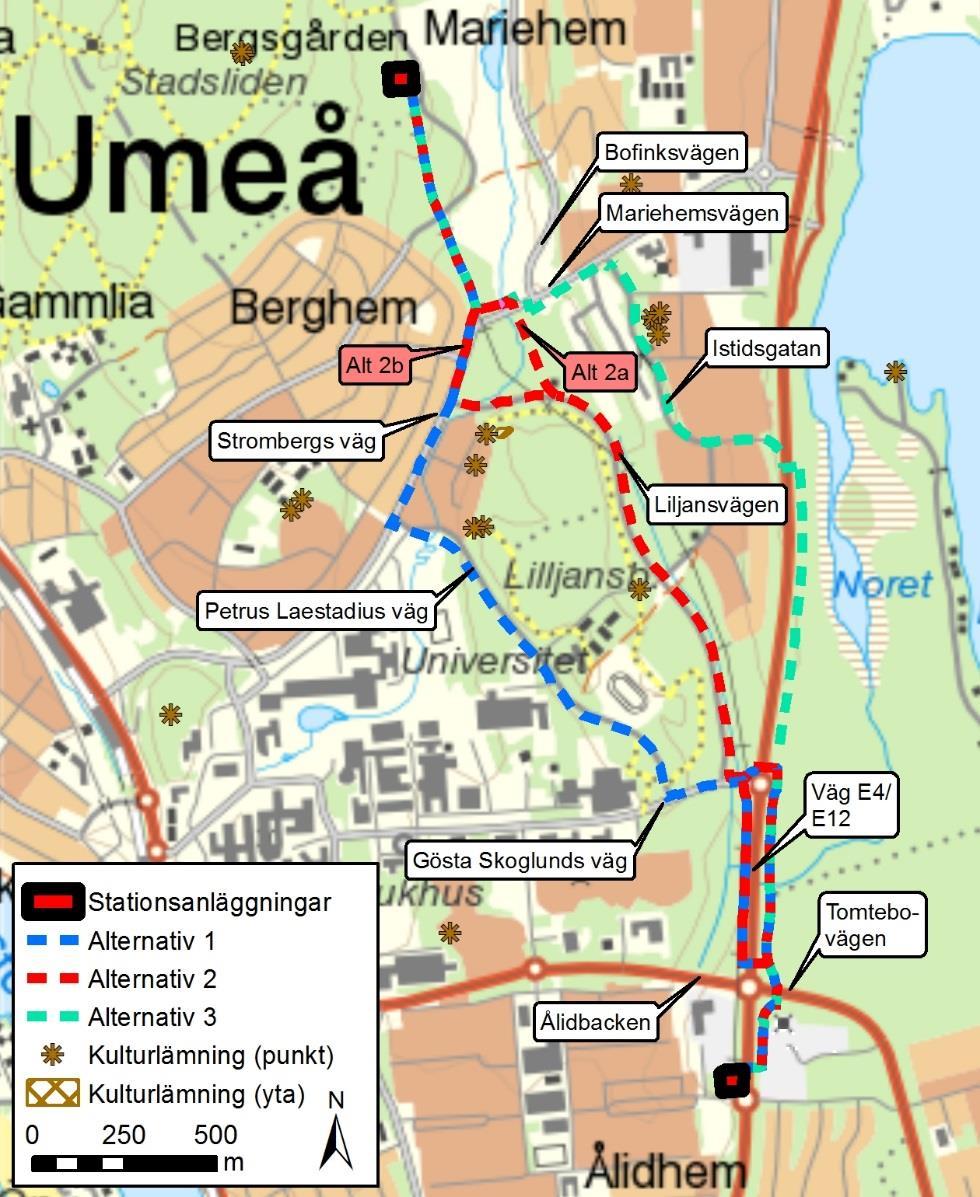 Figur 4. Aktuella sträckningsalternativ för planerad markförlagd ledning mellan Ålidhem och Mariehem.