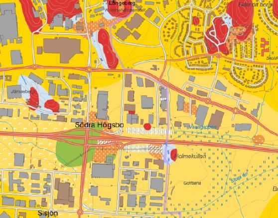 Figur 4.4.6.1 Utsnitt ur SGU:s jordartskarta. Grönt område är isälvsmaterial som går i dagen. Orange område med vita prickar är sand/grus, vitt är fyllnadsmassor och gula områden utgör lera. 4.4.7.