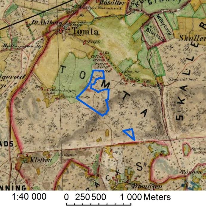 bonitetsbeteckningarna utgörs av berg och skog. I områdets västligaste del benämns ett område Norrgårdsfallet (se ovan Gräsfallet ).