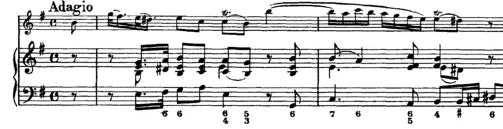 ANALYS AV SONATEN Bachs sonat i e-moll är som nämnts i tre satser; Adagio, Allegro och Menuet. Adagiot kan helt övergripande indelas i två delar på respektive 11 och 10 takter.