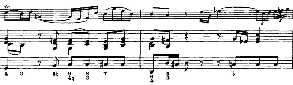 Basstämman bidrar till den pressade känslan med sina upprepande toner. I takt 11 och 12 kadenserer satsen i G-dur och därefter kommer temat tillbaka igen i e-moll.
