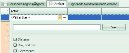 2) Artiklar Det är i fliken artiklar man registrerar allt som används under operationen t.ex. galler och medicinskteknisk utrustning.