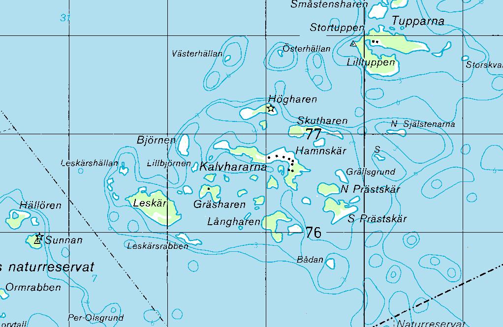 Kalvhararna 1 6 2 3 4 5 6 5 Hamnskär med bebyggelse. Beskrivning och sammanfattning Kalvhararna består av ett mycket stort antal öar med stor habitatrikedomen.