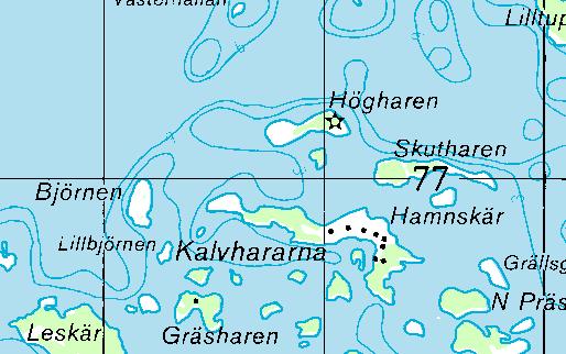 Kalvhararna Lokal 1 Datum: 2006-08-01 X 6777760 Y 1588310 Riktning: 380/400 Siktdjup: 6,0 m Salinitet: 4,7 Tillståndsklass: 2 Profilen börjar vid stranden på Högharens nordvästra sida i riktning mot