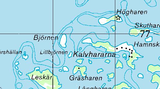 Kalvhararna Lokal 3 Datum: 2006-08-01 X 6776884 Y 1578784 Riktning: 343/400 Siktdjup: 6,0 m Salinitet: 4,7 Tillståndsklass: 2 Profilen börjar på 0,9 m djup nära stranden vid Kalvhararnas västra udde