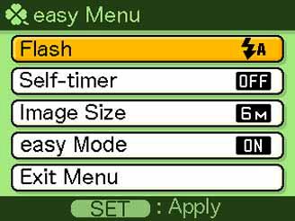 GRUNDLÄGGANDE BILDINSPELNING Användning av menyn easy Menyn easy innehåller inställning av blixt, självutlösare och bildstorlek samt en post för att lämna läget easy.