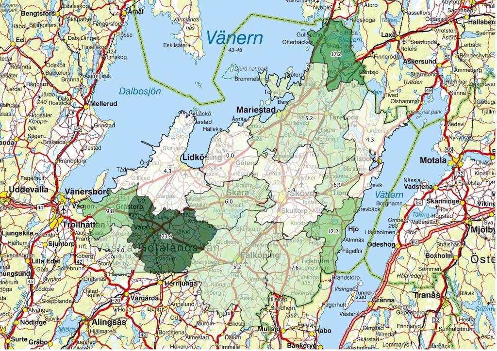 Skattad avskjutning av vildsvin per krets i Skaraborg jaktåret 2017/18. Källa: Svenska Jägareförbundet viltövervakning.