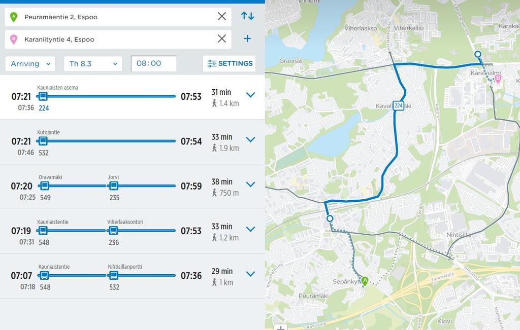 Smedsby Karamalmen Totaltid 55 min per väg 4 km Utan byte Start hemifrån kl 7:15 Promenad/buss till Grankulla 15 min