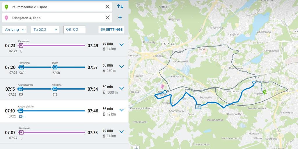 Smedsby Lagstad Totaltid 50-65 min per väg 8 km Utan byte Start hemifrån kl 07:05 Buss från Grankulla kl 7:25 I skolan 7:46 Skolan börjar kl 8:10