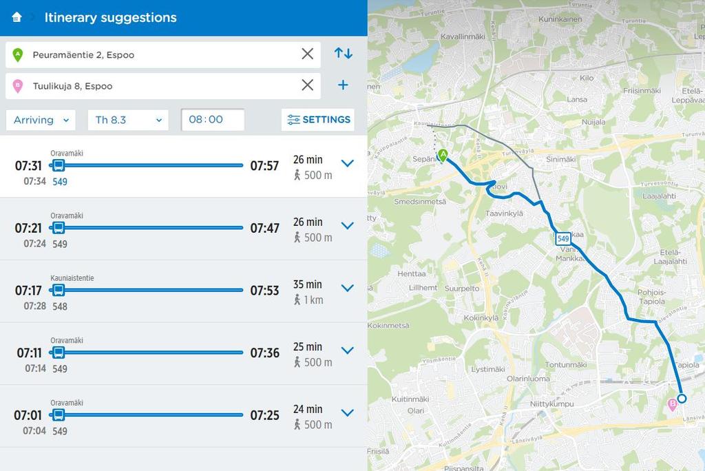 Smedsby Vindängen Totaltid 45 min per väg 7 km Utan byte Start hemifrån kl 7:25 Väntetid