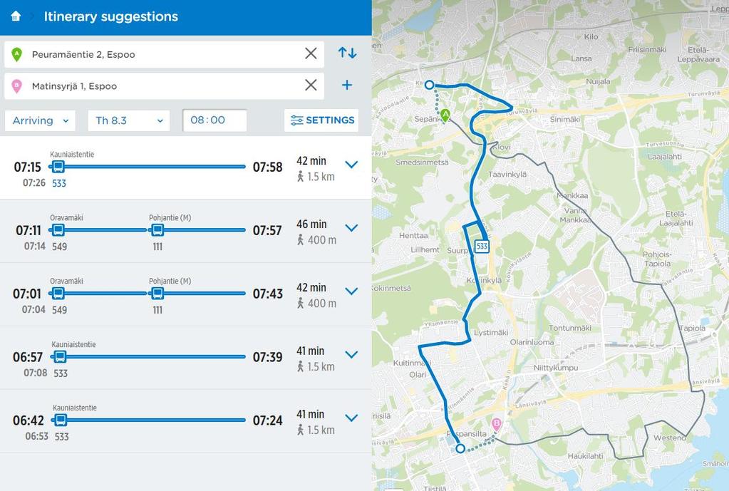 Smedsby Mattliden Totaltid 65 min per väg 7 km Utan byte Smedsby skola Start hemifrån kl 7:05 Promenad/buss till Grankulla