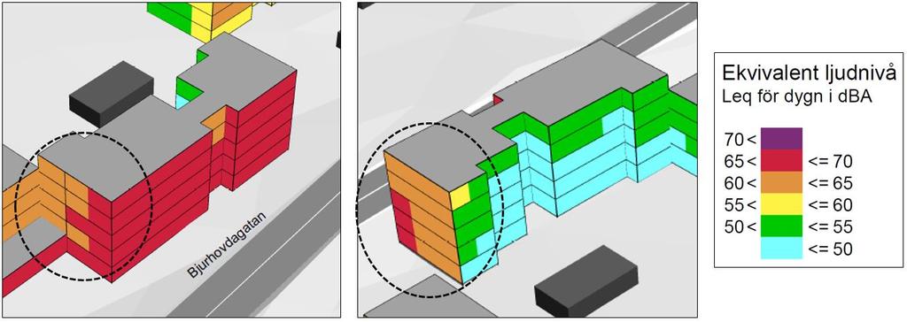 dba ekvivalent ljudnivå och bedömningen utgår ifrån att erhålla en ljuddämpad sida alternativt att ha små lägenheter som är högst 35 m 2 stora. 6.