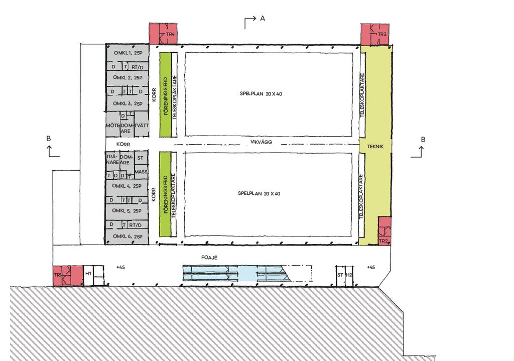 Plan 4 och 5 med sporthallslösning På plan 4 förläggs en flexibel sporthallslösning.