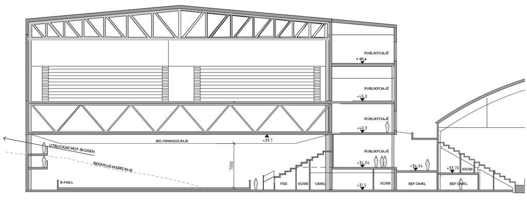 Alt. 5 - en ishall i nedre plan och sporthall i övre plan Ett alternativ där en ishall placeras i nedre plan och sporthallar i övre plan.