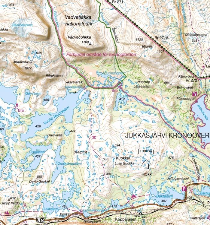 Bilaga 2 Fjällkarta över Vadvetjåkka nationalpark samt den markerande leden som går från E10:an, vid Kopparåsen till den västra bron. Den markerade leden är ca.