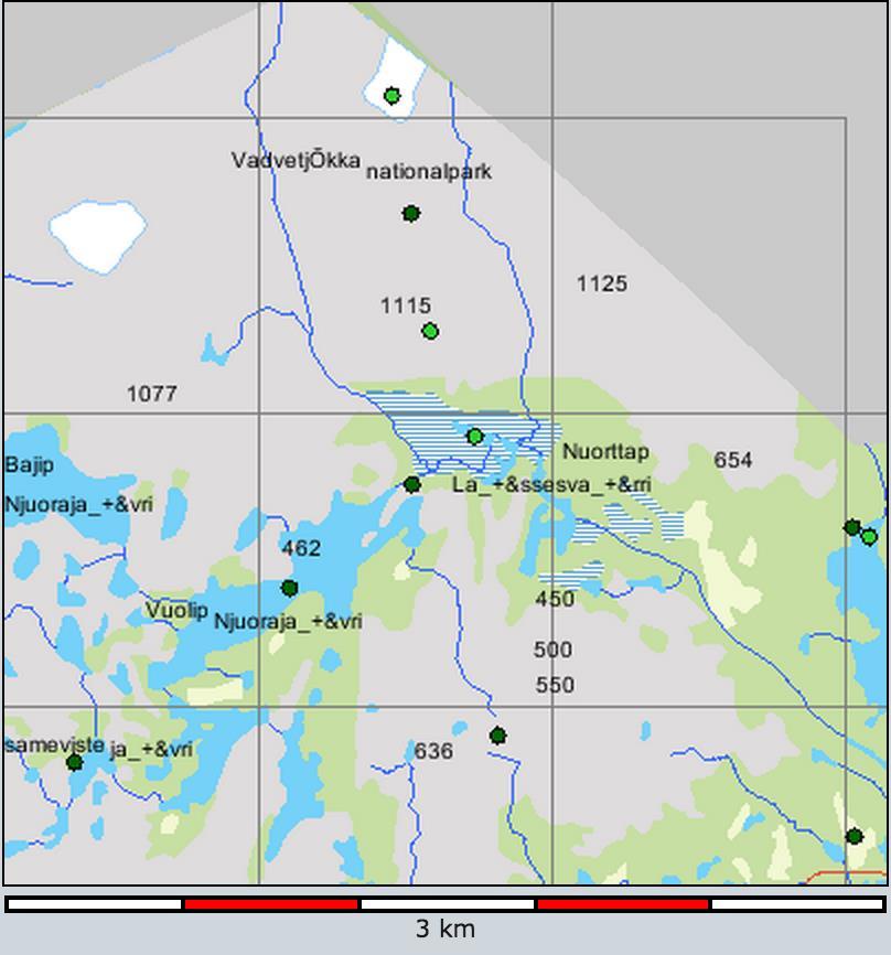 Bilaga 5 Karta över tidigare observerad fågelfauna i och runt om Vadvetjåkka samt lista över vilka fågelarter.