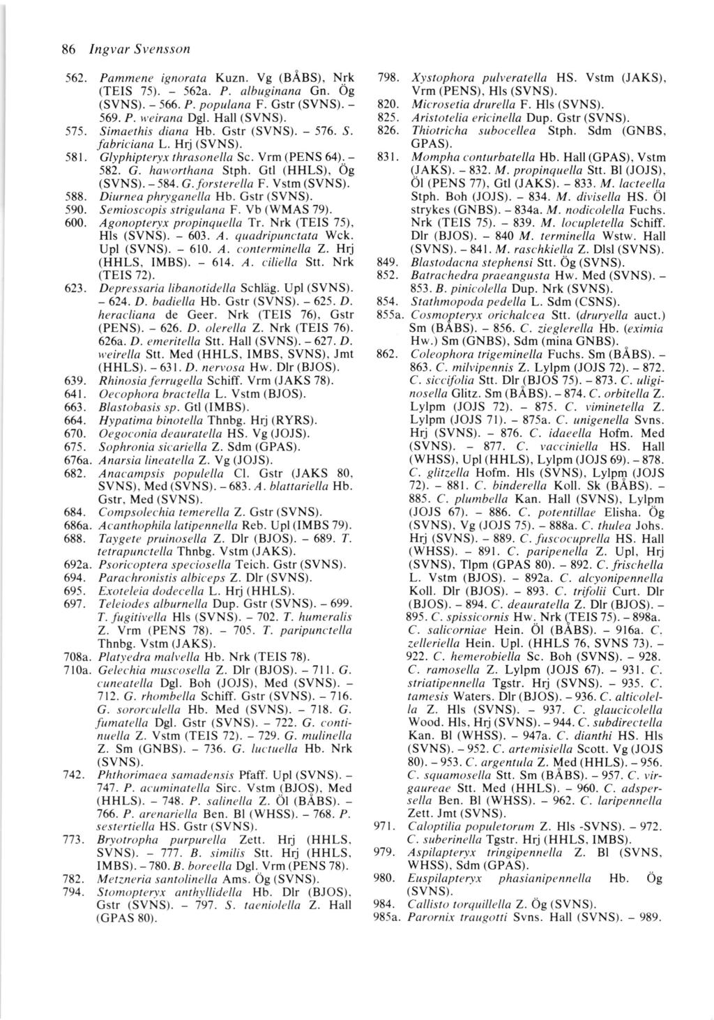 86 Ingvar Svensson 562. Pammene ignorata Kuzn. Vg (BABS), N.rk (TEIS 75). - 562a. P. albuginana Gn. Og (SVNS). - 566. P. populana F. Gstr (SVNS). - 569. P. weirana Dgl. Hall (SVNS). 575.