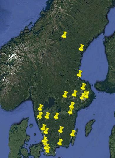 Figur 2: Populationens geografiska spridning Med de redogjorda kriterierna innebär detta att populationen kommer att bestå av 31 klubbar vilket med en tidsram på 16 år innebär att totalt 496