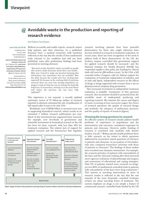 85% of Health Research Funding is wasted avoidably Sir Iain Chalmers and Paul Glasziou Avoidable waste in