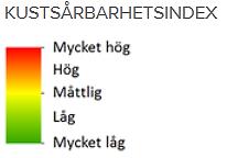 Kartlagret innehåller Kustsårbarhetsindex för erosion (KSI) samt de parametrar som bildar underlag för framtagandet av KSI (förutsättningar för erosion och samhällsvärden).