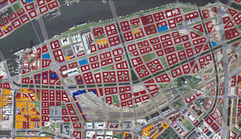 Huvudstråken delar in markytan i mindre stadsdelar: ( Compact urban cells eller super blocks i ungefär Hagas storlek) Torg Torg Skola Skola Torg Torg Skola Torg Skola i senare skede Torg Torg 1.