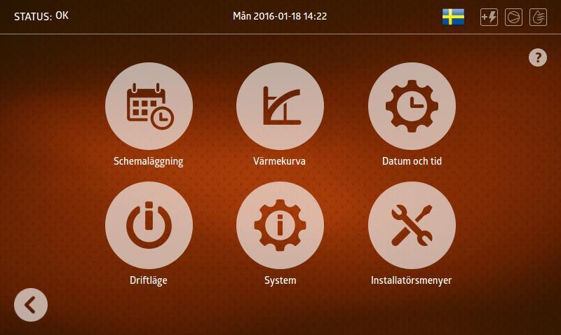 13 Inställningar?: Hjälptext Schemaläggning: Ställ in schema för semester, nattsänkning samt varmvattenproduktion.