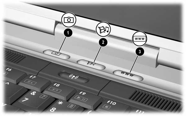 Styrplatta och tangentbord Använda Quick Launch Buttons Med de tre Quick Launch-knapparna (snabbstart) kan du använda en tangenttryckning för att få åtkomst till standardprogram eller Internet.