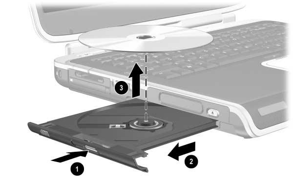 Enheter Ta ut en CD- eller DVD-skiva (med ström) 1. Sätt på notebook-datorn. 2. Tryck på utmatningsknappen för mediet 1 på enhetspanelen för att mata ut facket och dra ut det helt 2. 3.