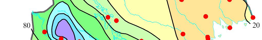 Figur 3: Kartan illustrerar dagligrapporterande mätstationer i Södra Lappland samt nederbörden i området under perioden 3 till 7 juli 2004.