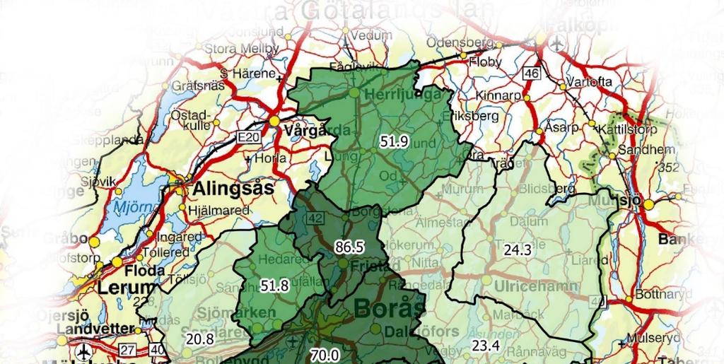 Södra Älvsborg 2017/2018 Karta. Kretsvis redovisning av täckningsgrad. Målet var att nå 30 % i varje enskild krets. 9 av 12 kretsar uppnådde målet.