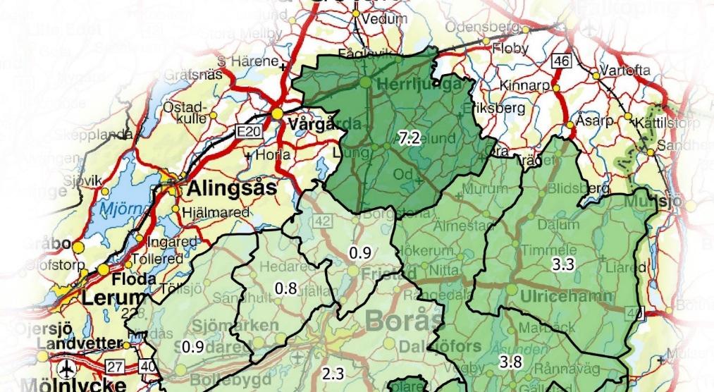 Karta. Beräknad avskjutning av vildsvin 2017/2018 redovisat kretsvis. Källa: Svenska Jägareförbundet viltövervakning.