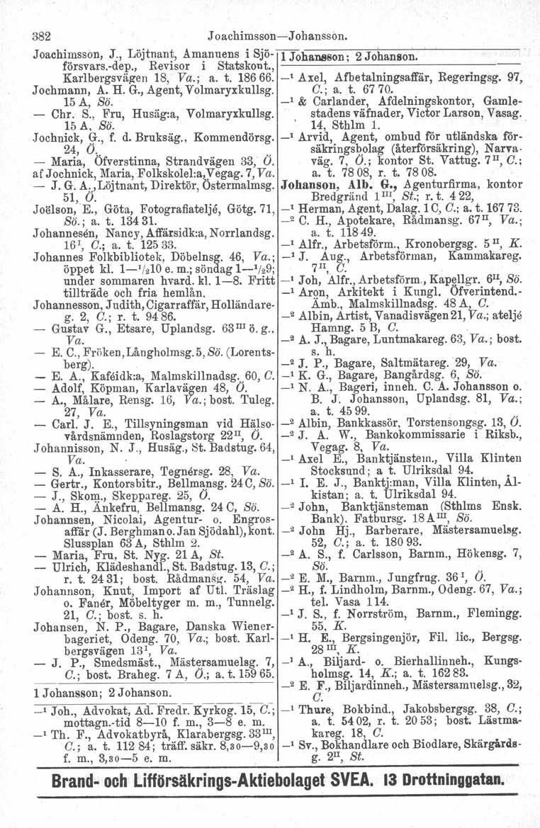 382 J oachimsson-j chansson. Joachimsson, J., Löjtnant, Amanuens i Sjö- 1 Johansson: 2 Johanson. försvars.-dep., Revisor i Statskont., -----,------------- Karlbergsvägen 18, Va.; a. t. 18666.