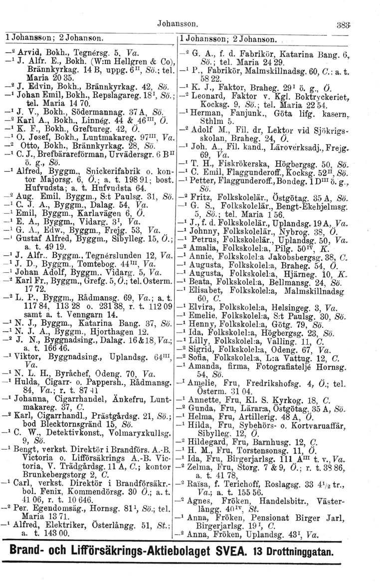 Johansson. 38;; ~~----~~-------_.---~~~----------- 1 Johansson; 2 Johanson. 1 Johansson; 2 Johanson. ------------- _2 Arvid, Bokh., Tegnersg. 5. Va. _2 G. A., f. d. Fabrikör, Katarina Bang. 6, _, J.