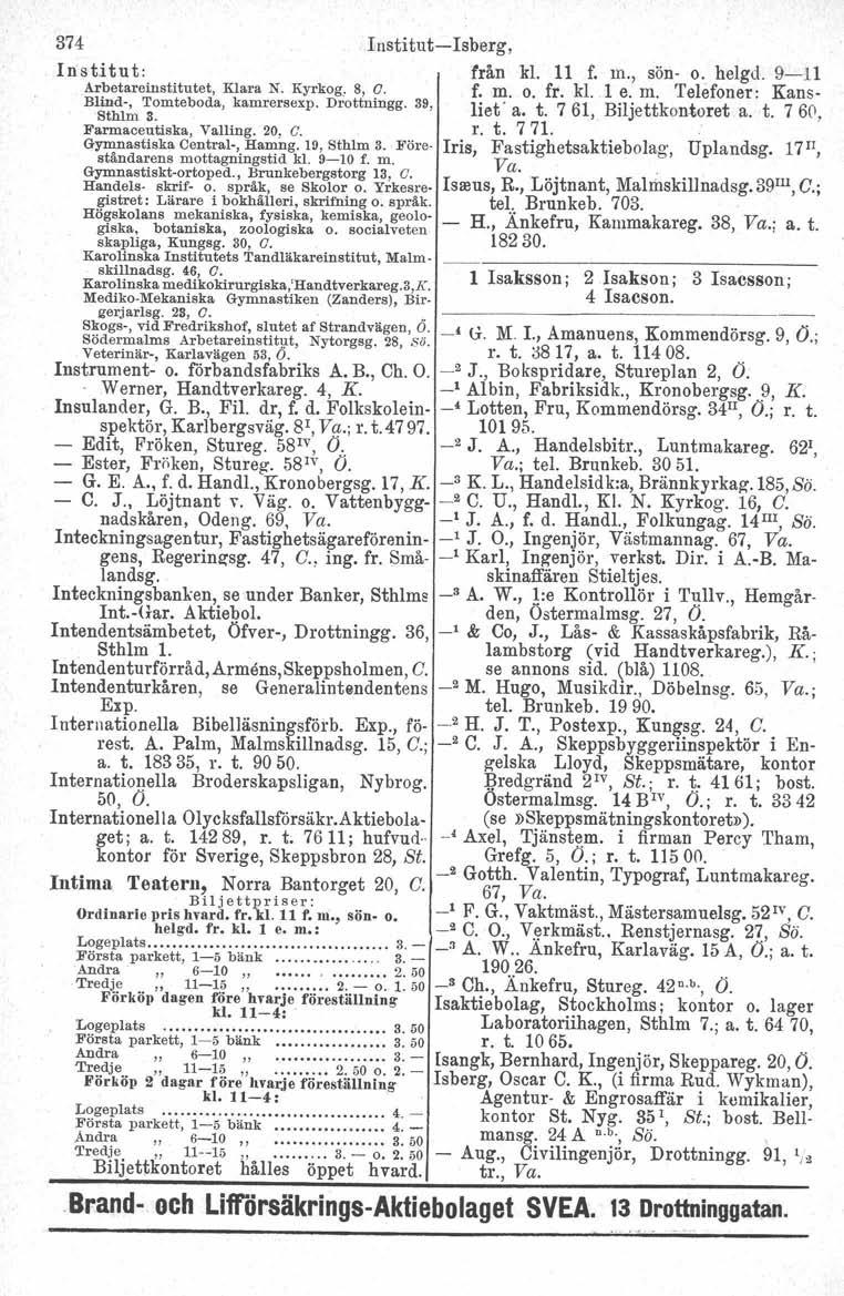 t 374 Institut-Isberg, In s titu t: Arbetareinstitutet, Klara N. Kyrkog.. 8, O. Blind-, Tomteboda, kamrersexp, Drottningg. 39, Sthlm 3. Farmaceutiska, Valling. 20, O. Gymnastiska Central-, Hamng.