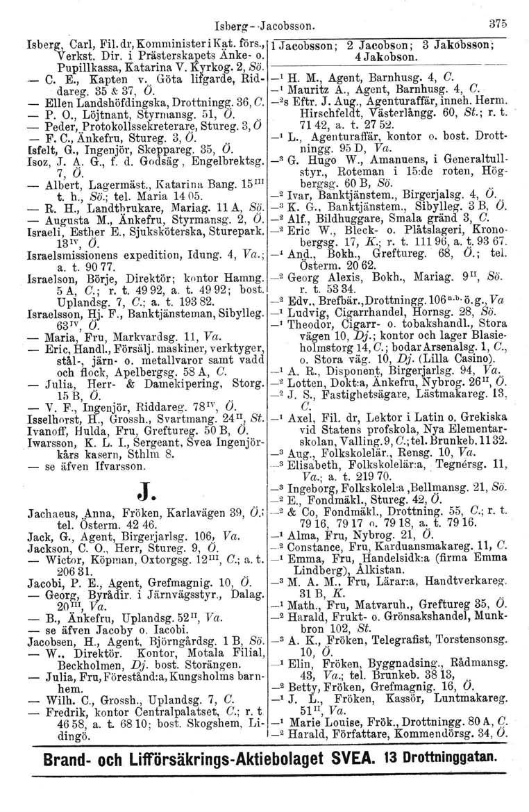 Isberg- -Jacobsson. 375 Isberg, Carl, Fil. dr, Komminister i Kat. förs., l Jacobsson' 2 Jacobson' 3 Jakobsson: Verkst. Dir. i Prästerskapets Anke- o. ' 4Jakobso~. ' Pupillkassa, Katarina V. Kyrkog.