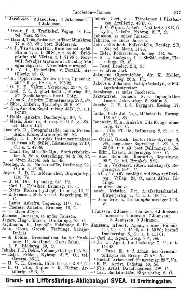 Jacobsson-Jansson. 371 f-.iåcobsson;~fjacobson;s-jakobsson;- Jahnke, Curt, e. o. Tjänsteman i Riksban- 4 Jakobson. ken, Artillerig. 48 B, O.. -------------------- - J. C. Wijh:«,.L~nkefru, Artillerig.