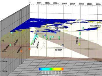 Figur 6-6. Provpunkter för analyserade kloridhalter i intervallet 2 000 till 14 000 mg/l Forsmark (SKB TR-08-05). Beträffande grundvattnets sammansättning på förvarsdjup konstaterar INSITE att t.ex.