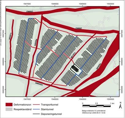 Figur 6-8b. Layout för slutförvar i Laxemar. Figuren visar även layoutstyrande deformationszoner och respektavstånd till dessa (SKB öppen rapport).