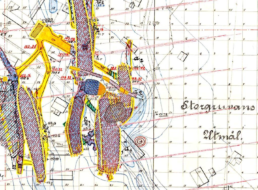 Figur 8. Utdrag ur gruvkartan med urval av konturer från djupare nivåer: 35, 47, 104 och 138 meters djup. (St1) är Nya Storgruveschaktet.