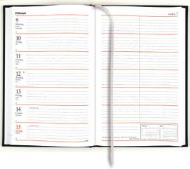 Kontorskalender Inbunden kalender med en vecka per uppslag, praktiskt märkband