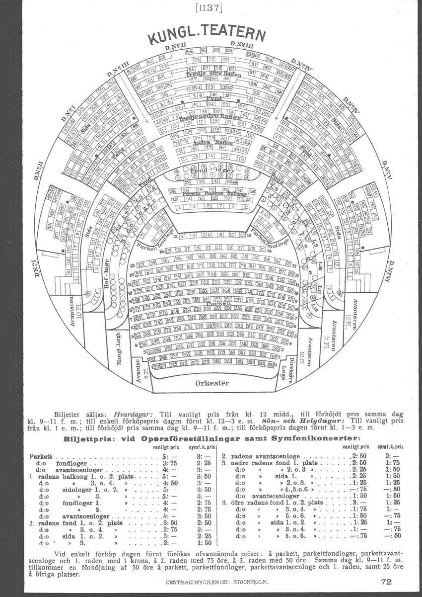 [1137J Biljetter säljas: Hvardagar: Till vanligt pris från kl 12 midd., till förhöjdt pris samma dag kl. 9--11 f. m.; till enkelt förköpspris dagen förut kl. 12-3 e. m..~ön- oeb.