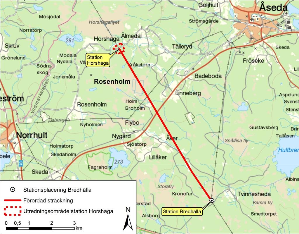 4.4 Sträckningsförslag Föreslagen sträckning för planerad ledning mellan Bredhälla och Horshaga utgår från planerad transformatorstation vid Bredhälla och följer befintlig 130 kv ledning i