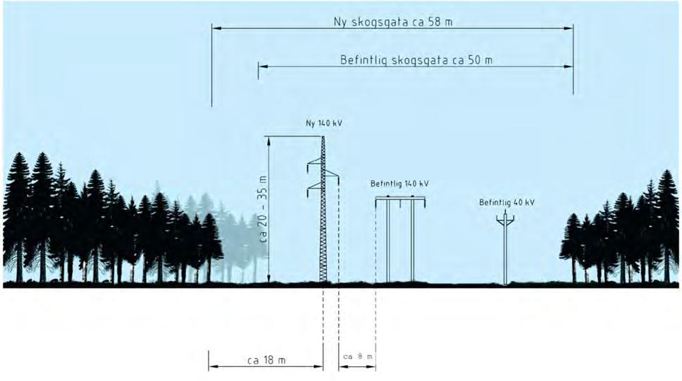 Vid parallellgång med befintlig 40 och 140 kv-ledning söder om Tranemostationen, placeras den nya ledningen väster om befintlig 140 kv-ledning och breddas skogsgatan ca 8-12 m till totalt ca 58-62 m,