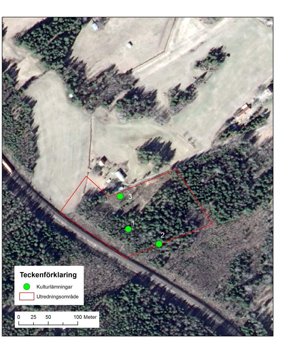 Bild 4. Ortofoto över område 2 med utredningsområdet och påträffade lämningar redovisade, Lantmäteriet. Beskrivningar över lämningarna finns i bilaga 1.