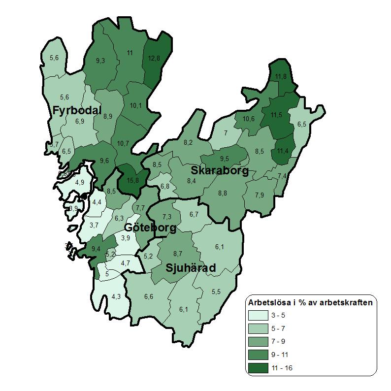 Arbetsmarknad Arbetslösheten i Skaraborg är högst regiondelens norra hörn med kommunerna Gullspång, Mariestad, Töreboda och Tibro. Samtliga dessa kommuner har en arbetslöshet på över 10 %.