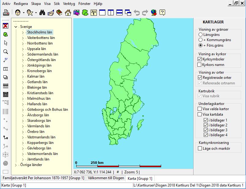 Zooma, flytta och hitta platserna i ortpanelen För att komma in i kartfönstret klickar du på Kartikonen i verktygsraden. Du kommer nu in i kartfönstret som består av tre delar.