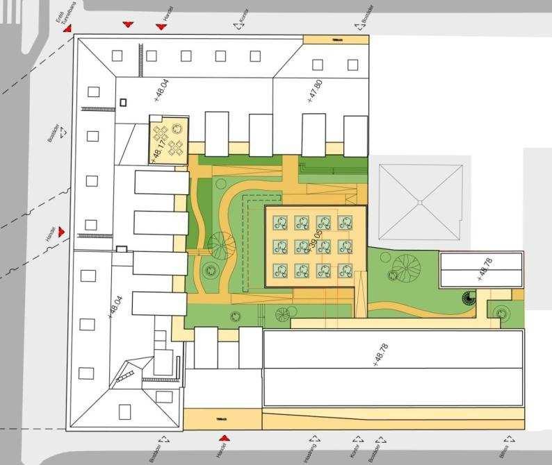 Illustrerat markplan över gården med gemensam takterrass på