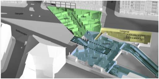 Blått: biljetthallar och övriga ytor kopplade till kollektivtrafiken (pendeltåg och tunnelbana).